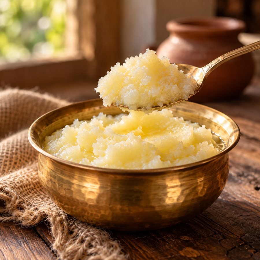 White desi buffalo ghee in a brass bowl