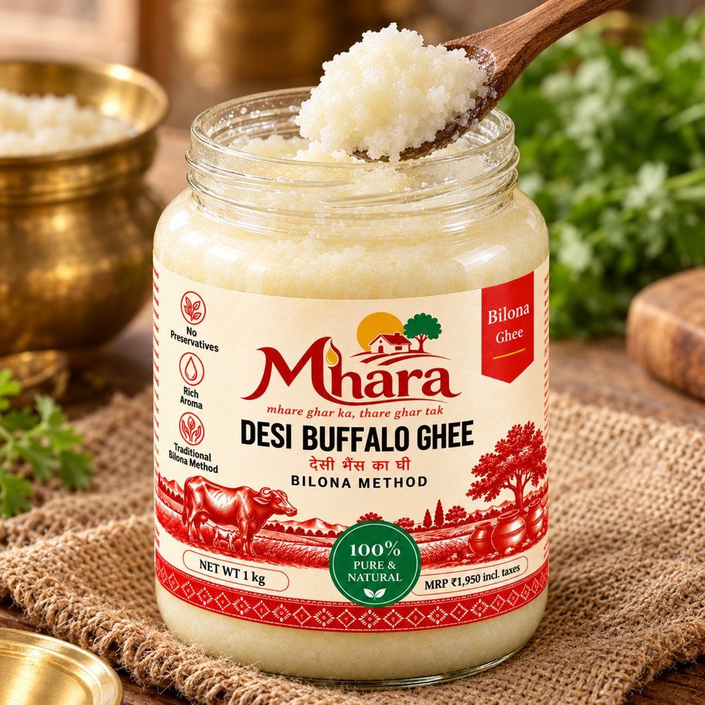 Open jar of Mhara desi buffalo ghee with a wooden spoon