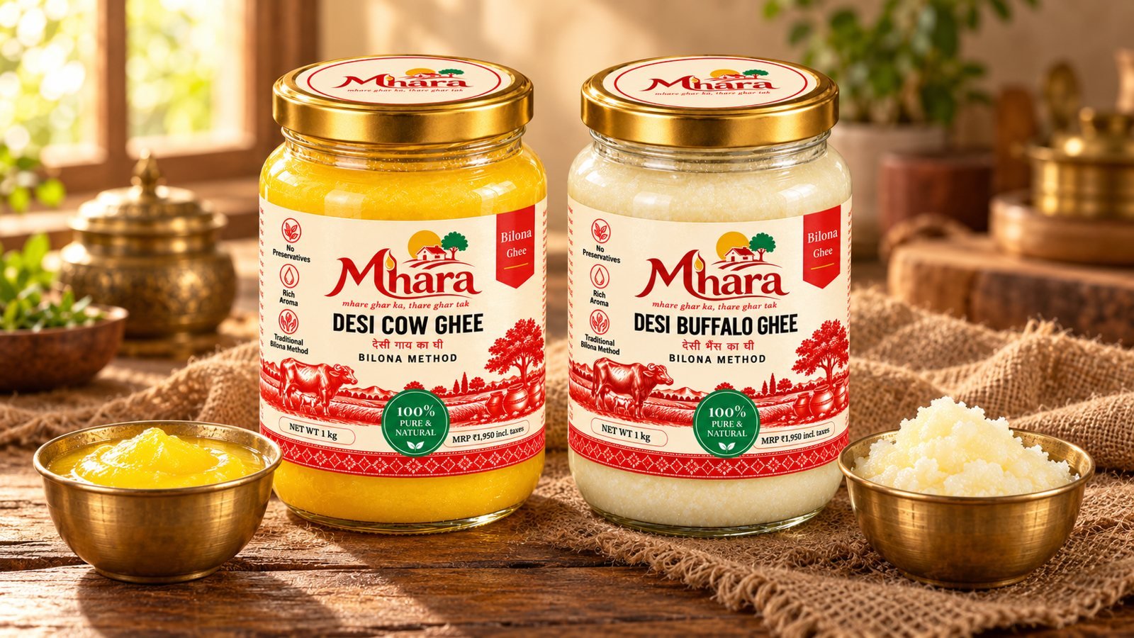 Mhara desi cow ghee and desi buffalo ghee jars side by side